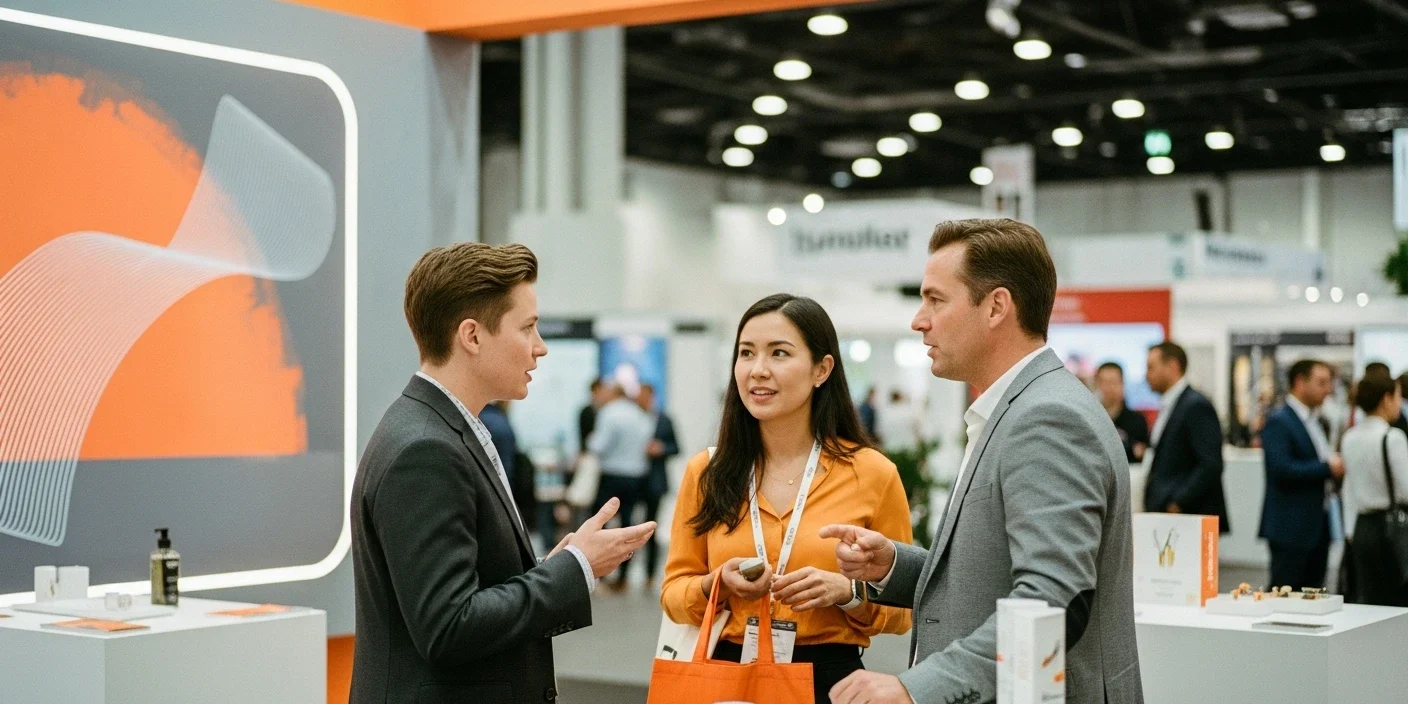 Exhibitor-and-Attendee-Speaking-at-Tradeshow